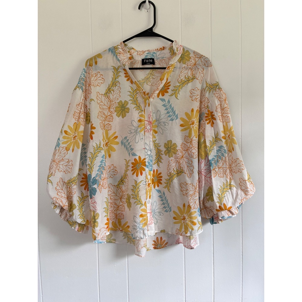 Fate Floral Balloon Sleeve Blouse Mustard Orange Botanical Button Front Large
